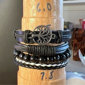 Mystic Forest: Leather and Wooden Bead Bracelet Ensemble